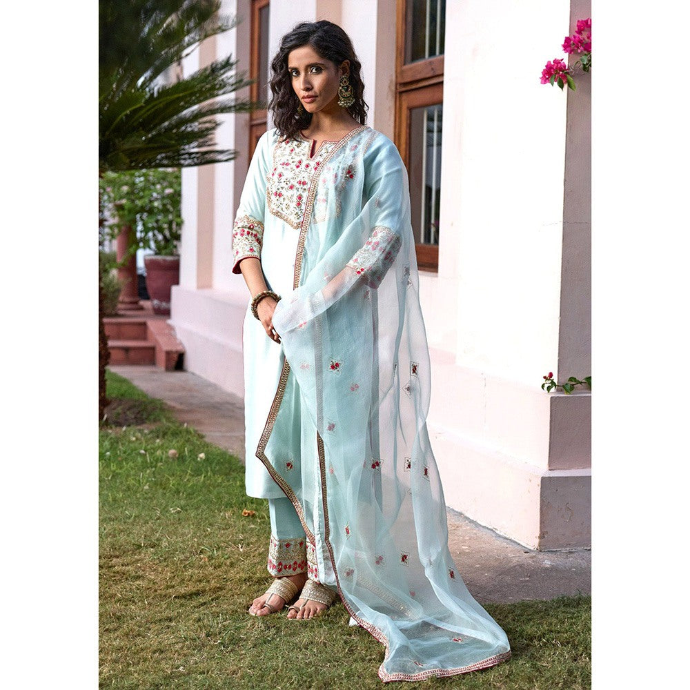 Bbaawri Blue Pink Hand Embroidered Silk Kurta with Pant & Dupatta (Set of 3)