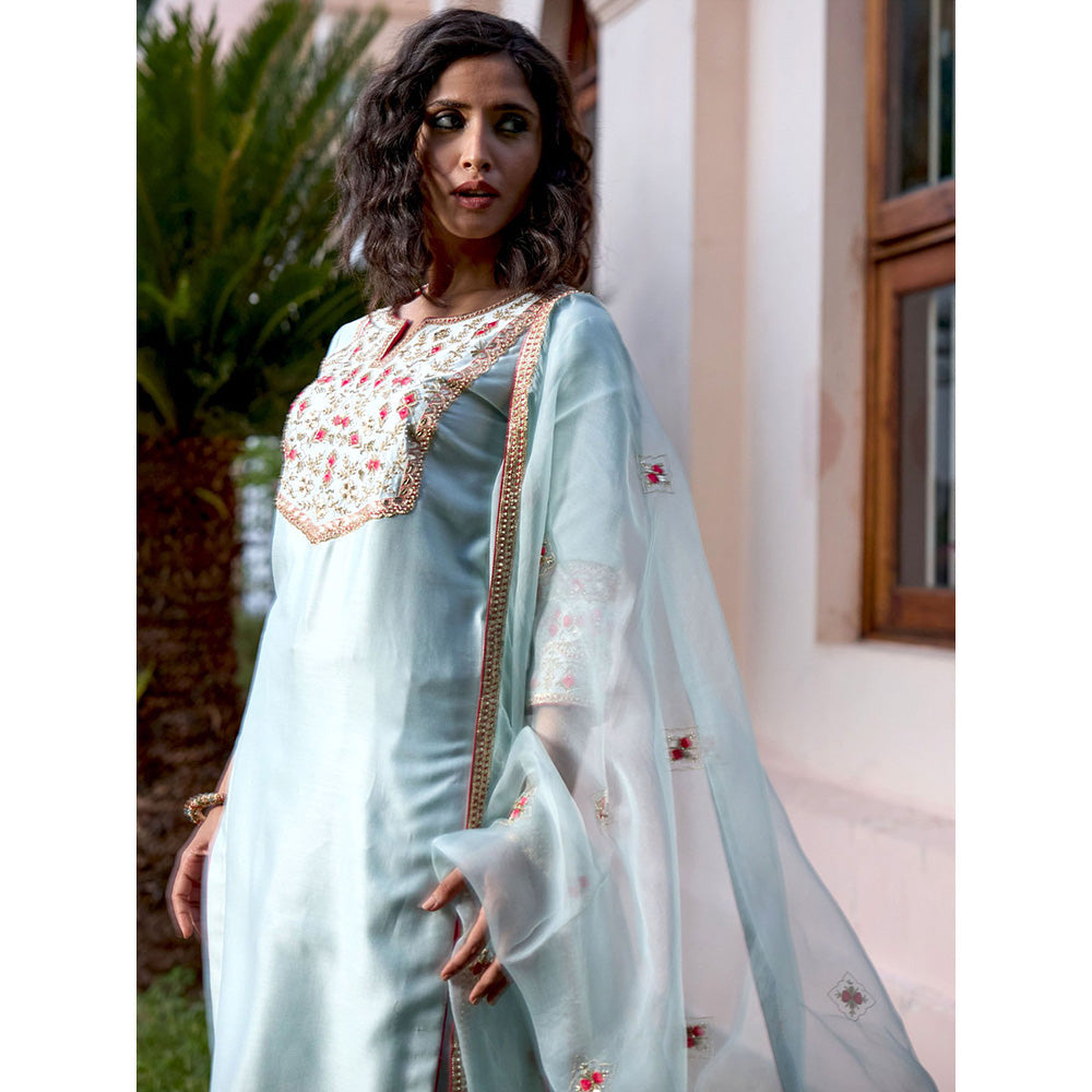 Bbaawri Blue Pink Hand Embroidered Silk Kurta with Pant & Dupatta (Set of 3)