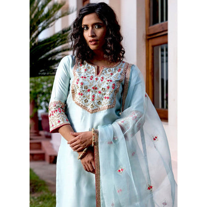 Bbaawri Blue Pink Hand Embroidered Silk Kurta with Pant & Dupatta (Set of 3)