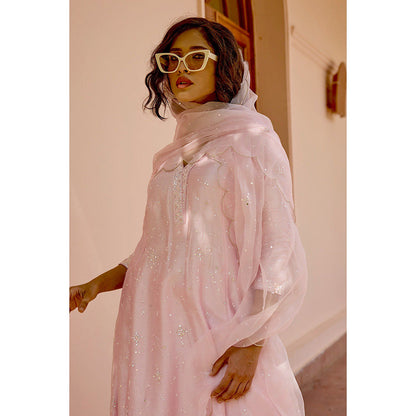Bbaawri Light Pink Sequin Hand Embroidered Silk Kali Kurta with Pant & Dupatta (Set of 3)