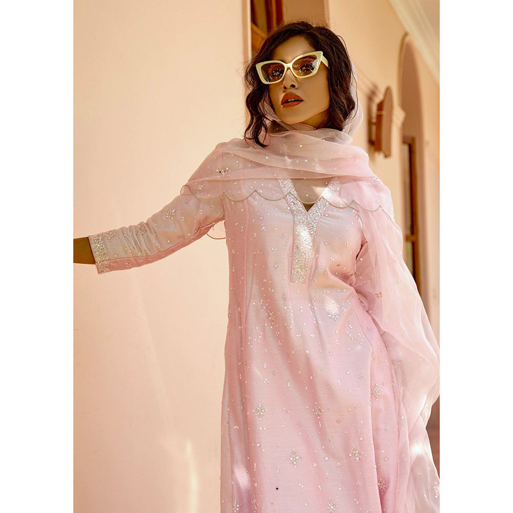 Bbaawri Light Pink Sequin Hand Embroidered Silk Kali Kurta with Pant & Dupatta (Set of 3)