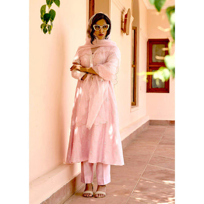 Bbaawri Light Pink Sequin Hand Embroidered Silk Kali Kurta with Pant & Dupatta (Set of 3)