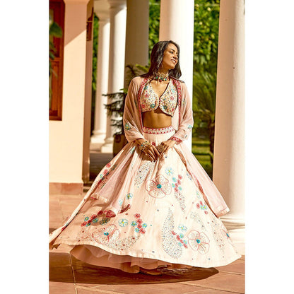 Bbaawri Peach Sequins & Resham Hand Embroidered Silk Lehenga with Blouse & Dupatta (Set of 3)
