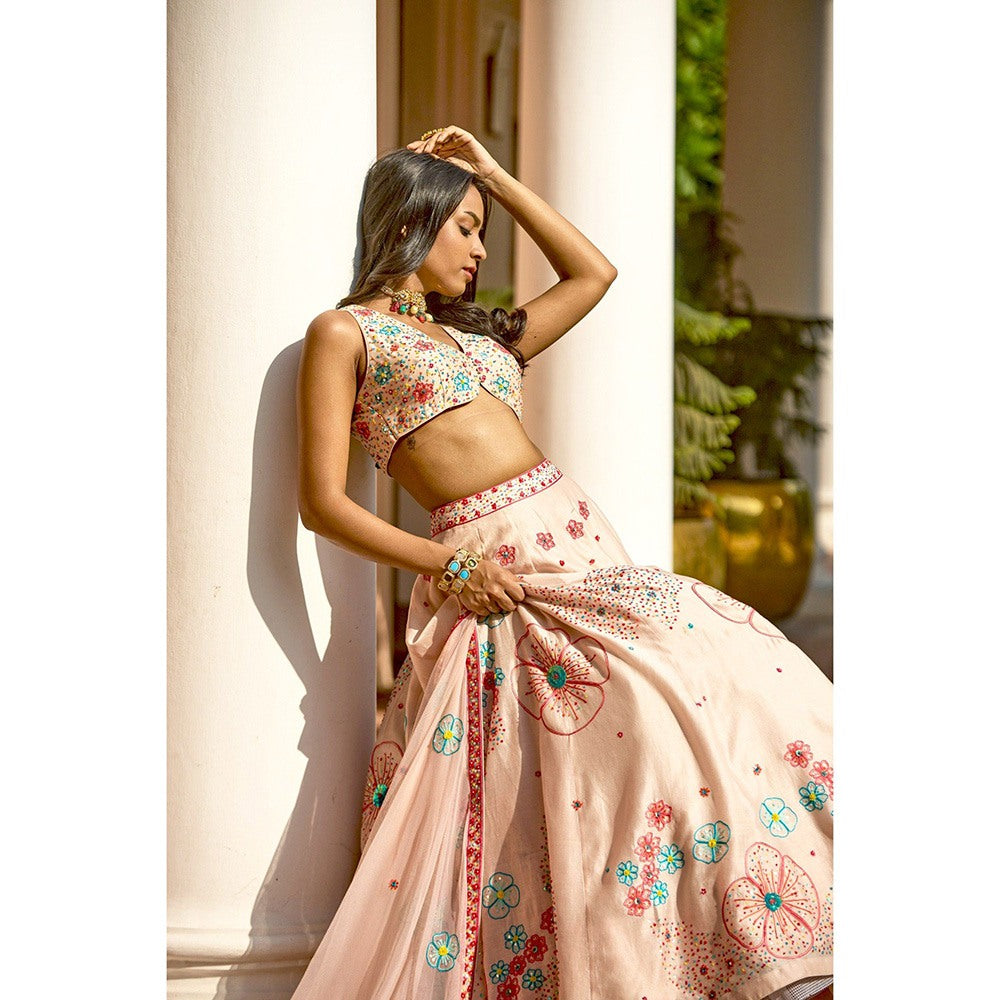 Bbaawri Peach Sequins & Resham Hand Embroidered Silk Lehenga with Blouse & Dupatta (Set of 3)