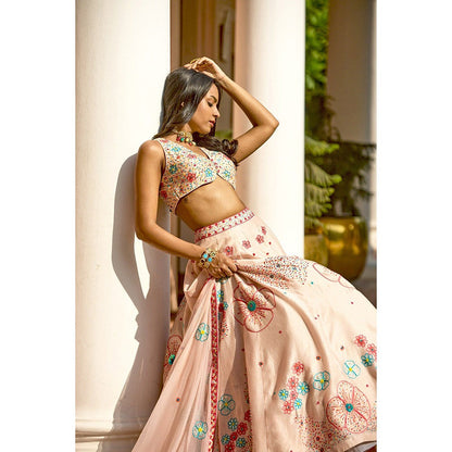 Bbaawri Peach Sequins & Resham Hand Embroidered Silk Lehenga with Blouse & Dupatta (Set of 3)