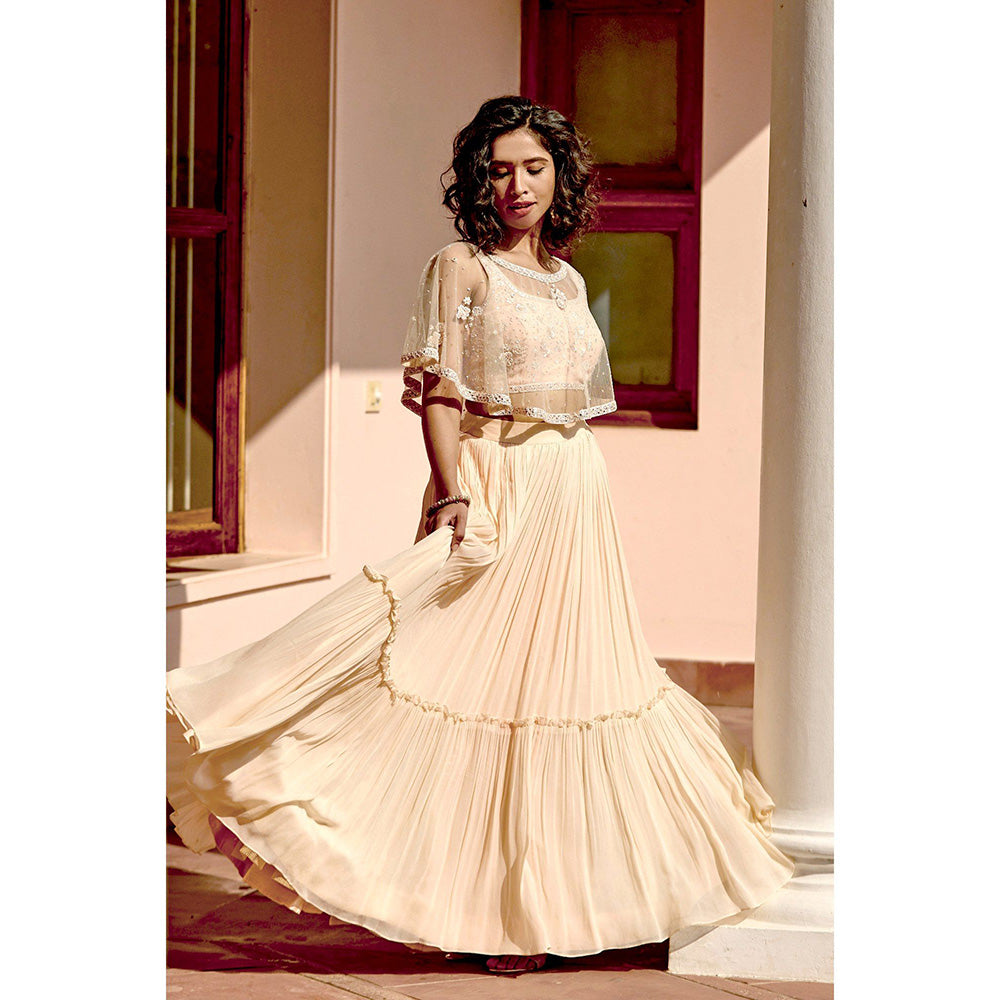 Bbaawri Pastel Sun Downer Hand Embroidered Cape with Blouse & Skirt (Set of 3)