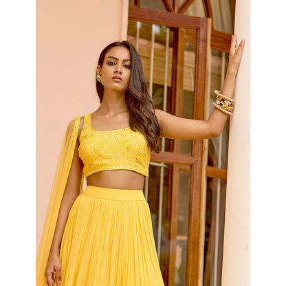 Bbaawri Yellow Hand Embroidered Layered Ruffled Lehenga with Blouse & Dupatta (Set of 3)