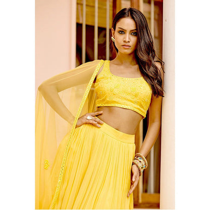 Bbaawri Yellow Hand Embroidered Layered Ruffled Lehenga with Blouse & Dupatta (Set of 3)