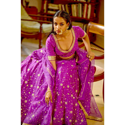 Bbaawri Purple Silk Nakshi & Zardosi Hand Embroidered Lehenga with Blouse & Dupatta (Set of 3)