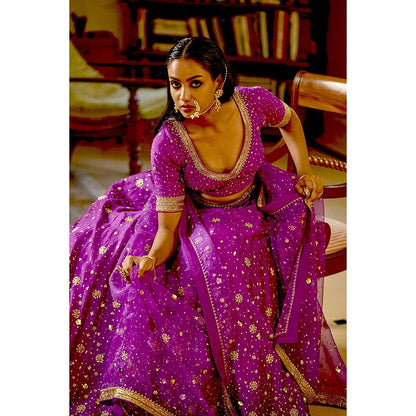 Bbaawri Purple Silk Nakshi & Zardosi Hand Embroidered Lehenga with Blouse & Dupatta (Set of 3)
