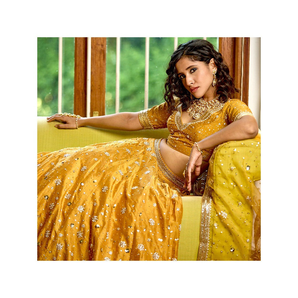 Bbaawri Golden Silk Nakshi & Zardosi Hand Embroidered Lehenga with Blouse & Dupatta (Set of 3)