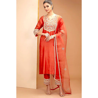 Bbaawri Red Hand Embroidered Silk Kurta with Pant & Dupatta (Set of 3)