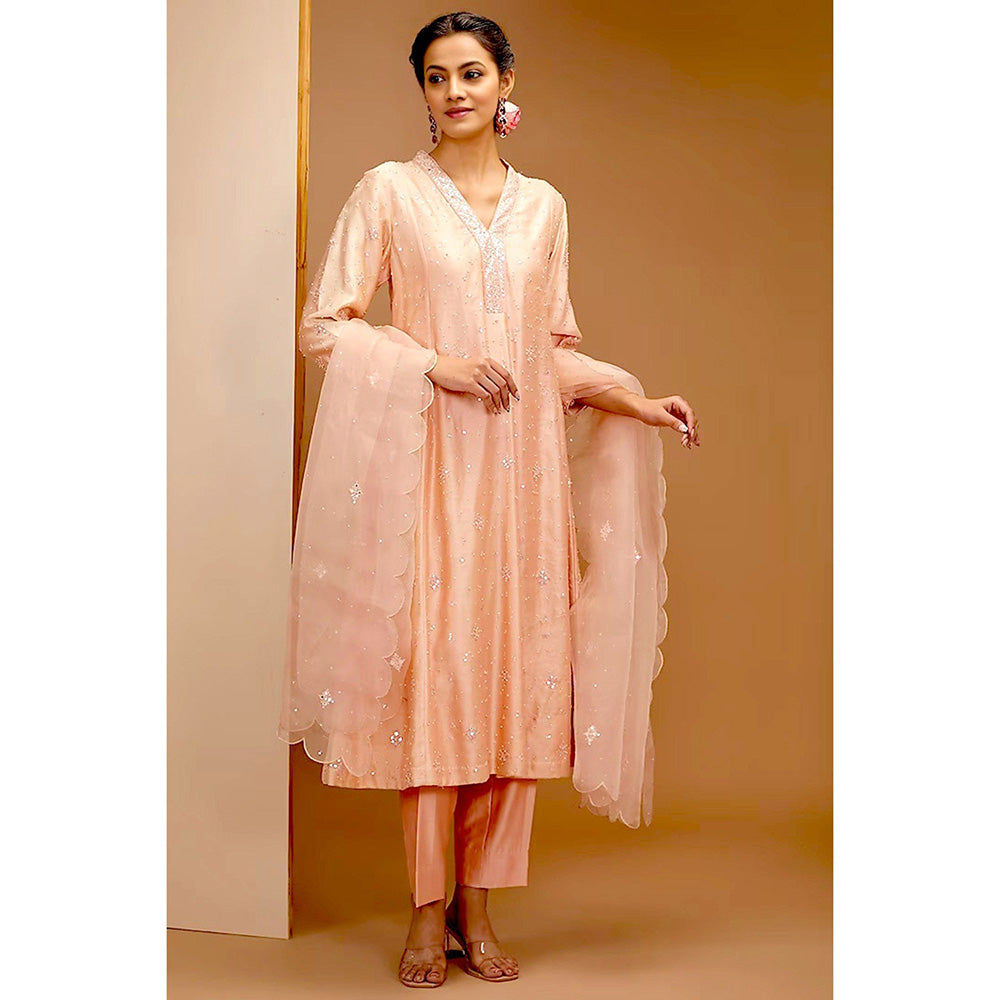 Bbaawri Peach Embroidered Kali Kurta with Pant & Dupatta (Set of 3)