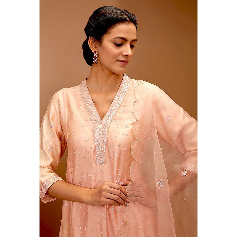 Bbaawri Peach Embroidered Kali Kurta with Pant & Dupatta (Set of 3)