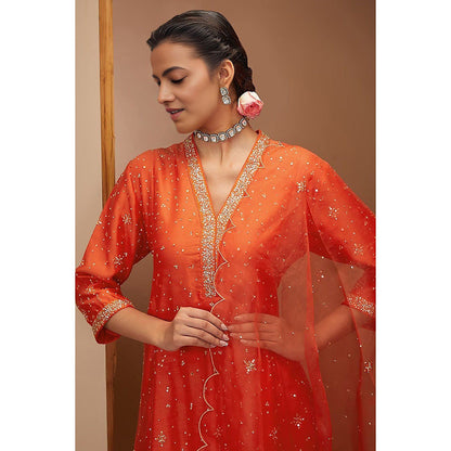 Bbaawri Tangy Red Embroidered Kali Kurta with Pant & Dupatta (Set of 3)