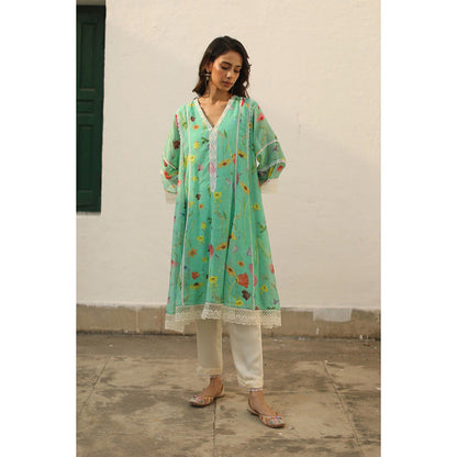 Begum Pret Azra Turquoise Kurta (Set of 3)