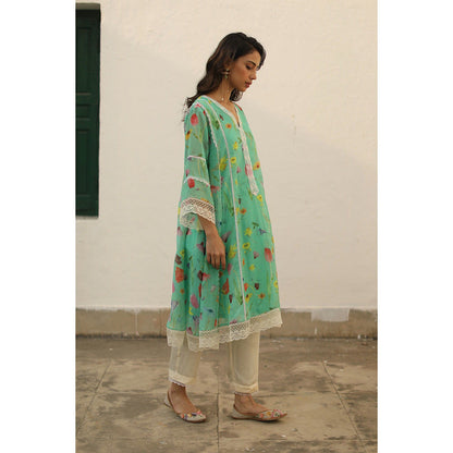 Begum Pret Azra Turquoise Kurta (Set of 3)