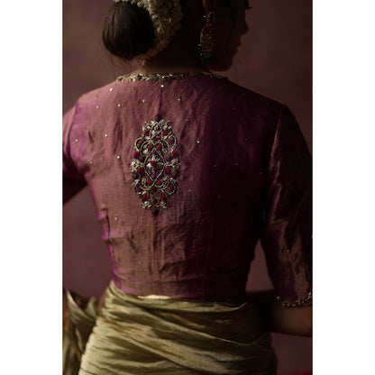 Begum Pret Kalista Olive Saree with Stitched Blouse