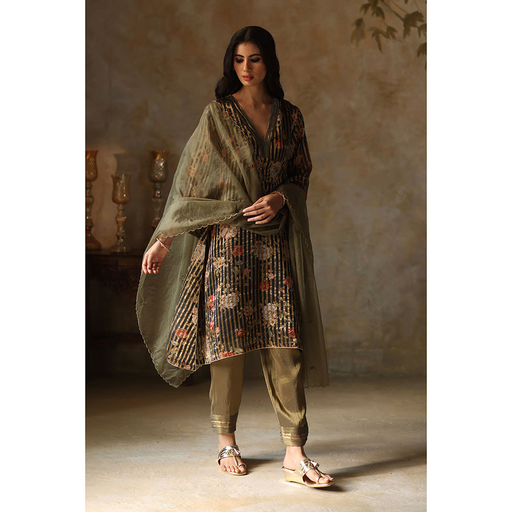 Begum Pret Ikai Black Kurta with Pant and Dupatta (Set of 3)