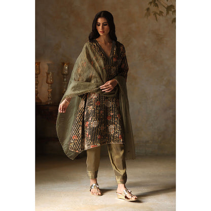 Begum Pret Ikai Black Kurta with Pant and Dupatta (Set of 3)