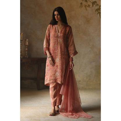 Begum Pret Ikai Peach Kurta with Pant and Dupatta (Set of 3)