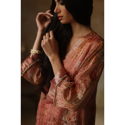 Begum Pret Ikai Peach Kurta with Pant and Dupatta (Set of 3)