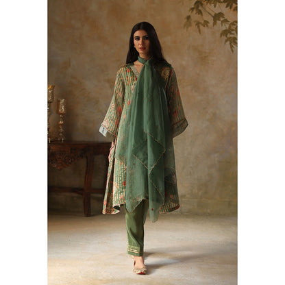Begum Pret Ikai Green Kurta with Pant and Dupatta (Set of 3)