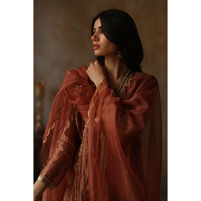 Begum Pret Asma Burnt Orange Kurta with Pant and Dupatta (Set of 3)