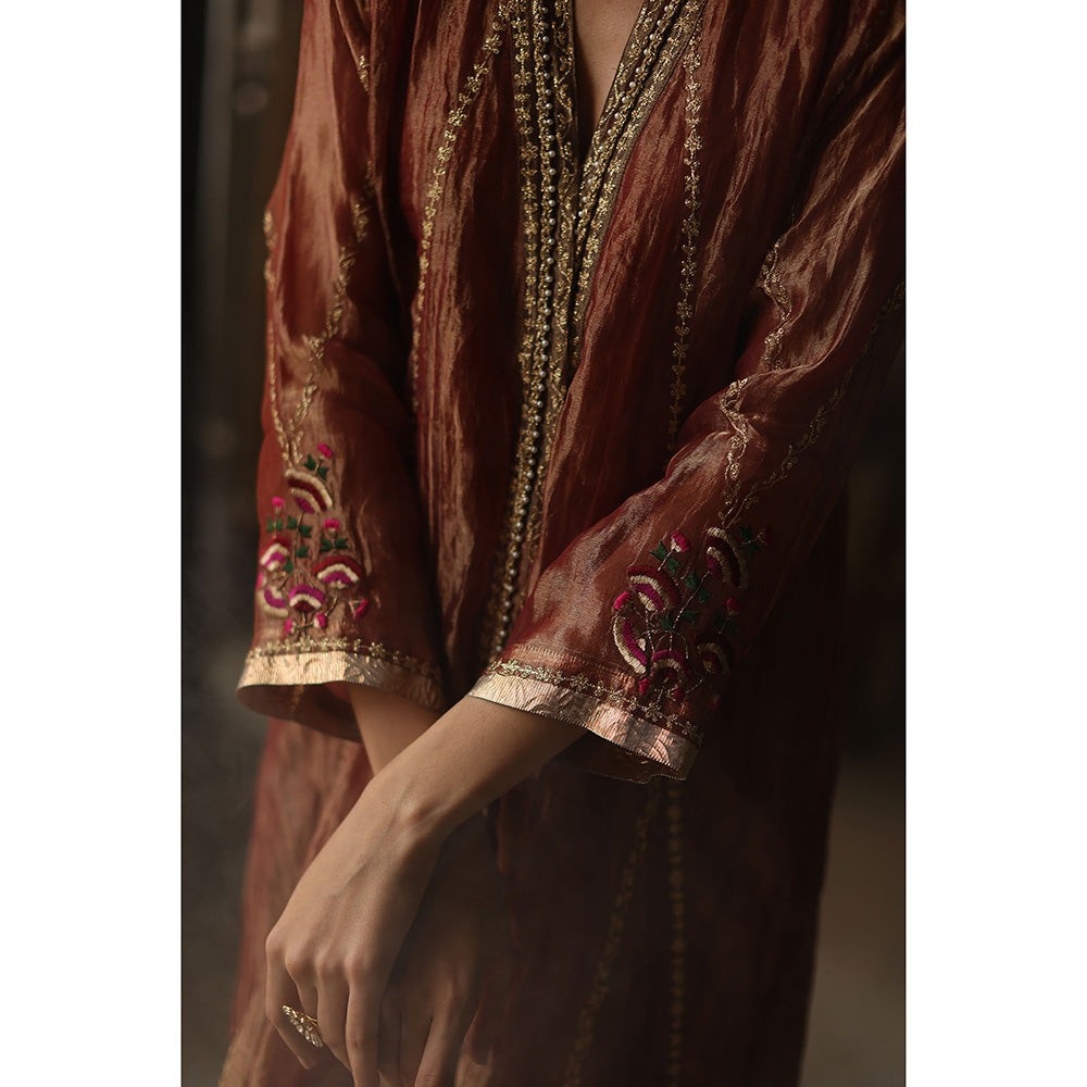 Begum Pret Asma Burnt Orange Kurta with Pant and Dupatta (Set of 3)