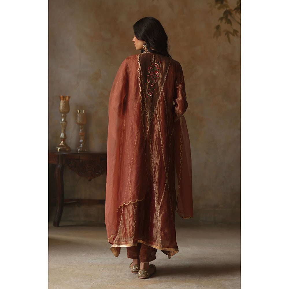 Begum Pret ASMA Rust Kurta with Pant & Dupatta (Set of 3)