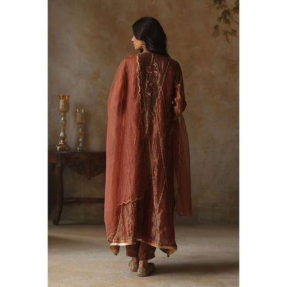Begum Pret ASMA Rust Kurta with Pant & Dupatta (Set of 3)