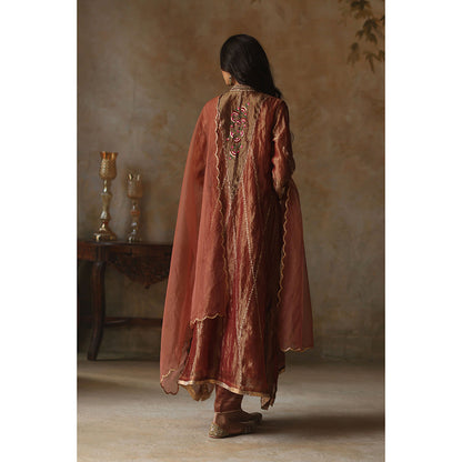 Begum Pret ASMA Rust Kurta with Pant & Dupatta (Set of 3)