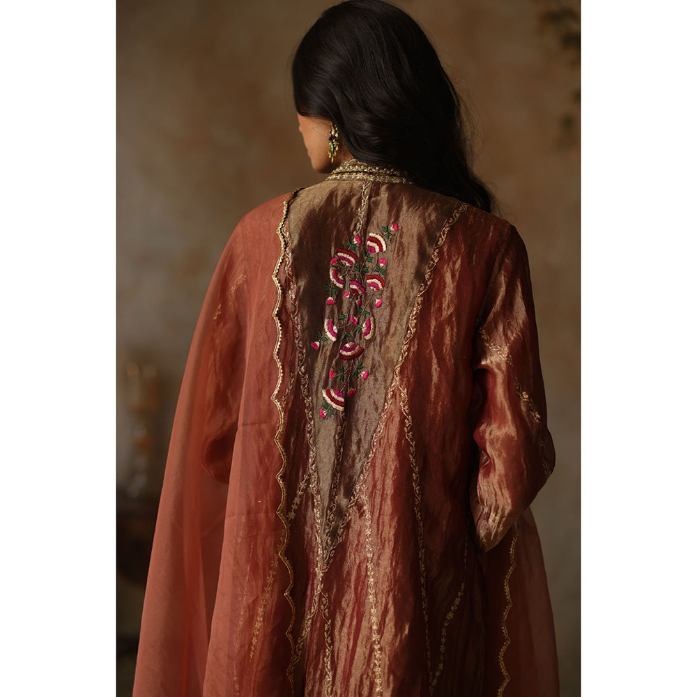 Begum Pret ASMA Rust Kurta with Pant & Dupatta (Set of 3)