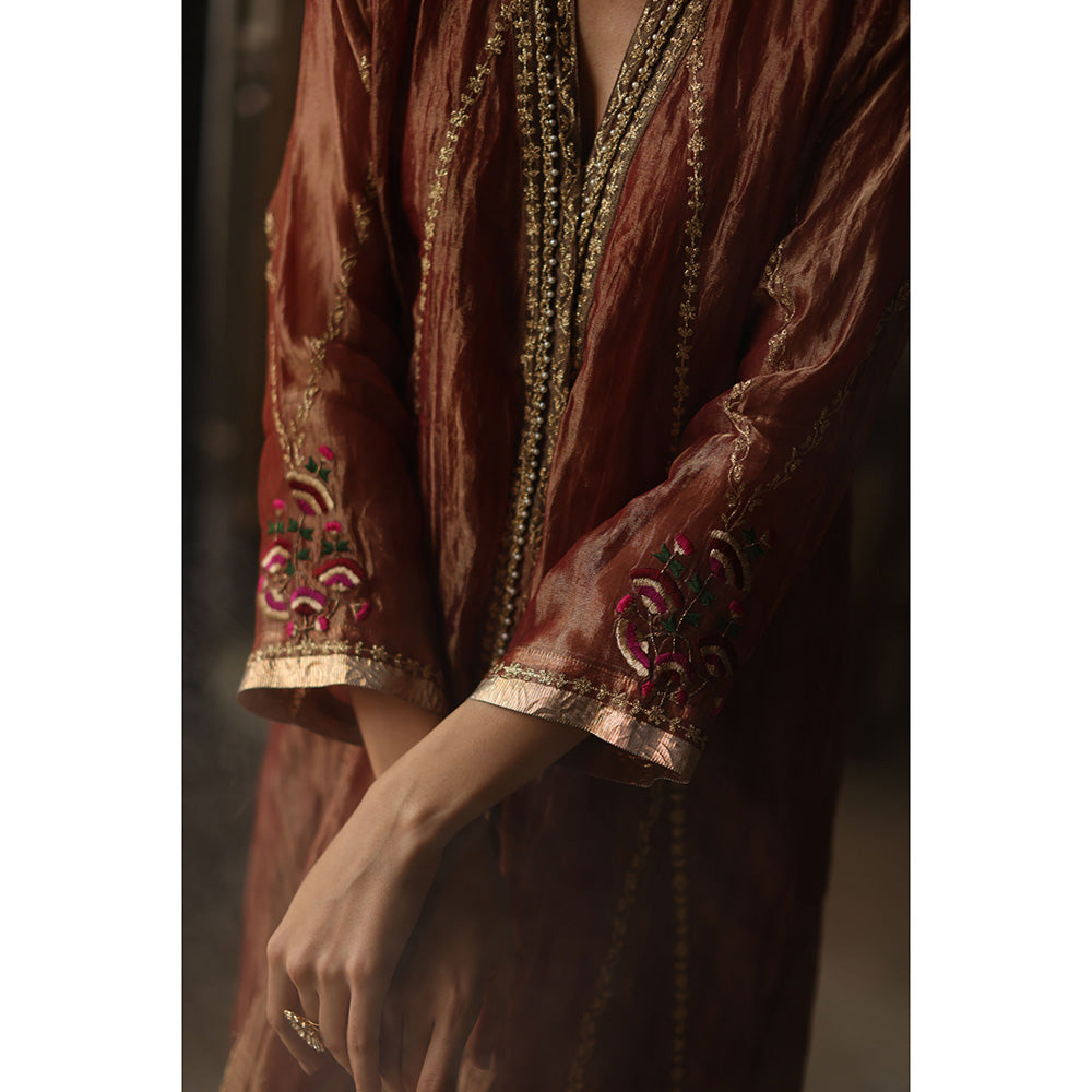 Begum Pret ASMA Rust Kurta with Pant & Dupatta (Set of 3)