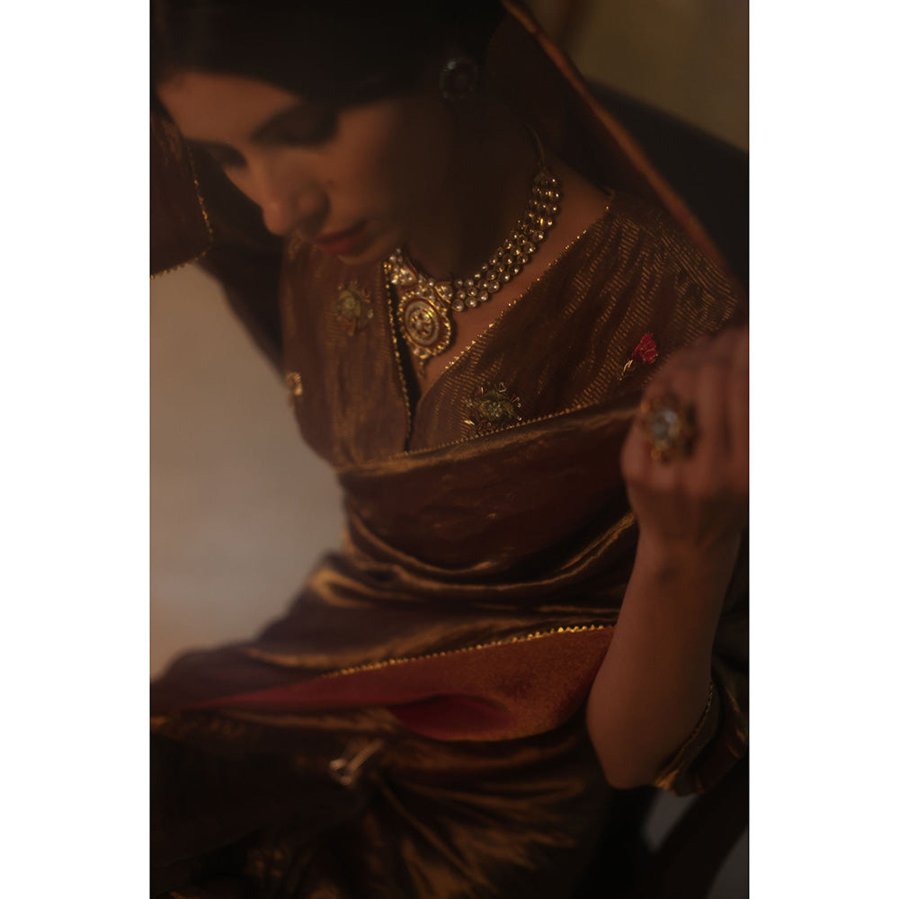Begum Pret FARHANA Brown Embellished Saree with Stitched Blouse