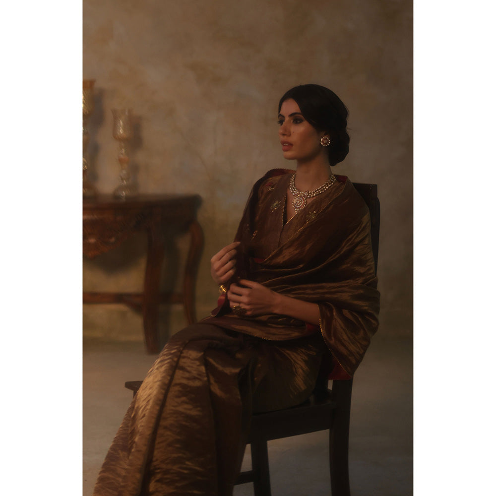 Begum Pret FARHANA Brown Embellished Saree with Stitched Blouse