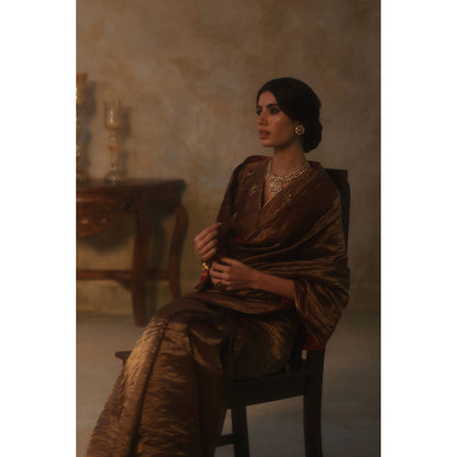 Begum Pret FARHANA Brown Embellished Saree with Stitched Blouse