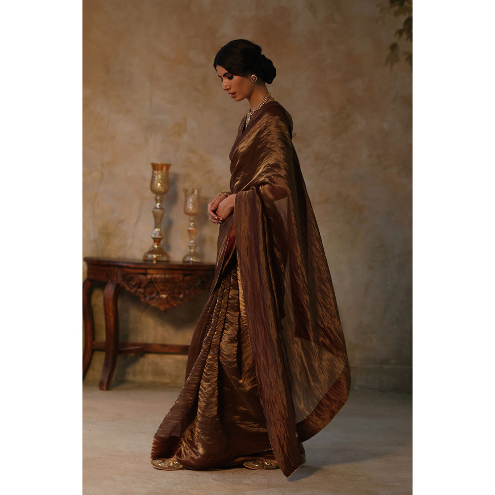 Begum Pret FARHANA Brown Embellished Saree with Stitched Blouse
