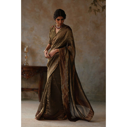 Begum Pret FARHANA Olive Green Embellished Saree with Stitched Blouse