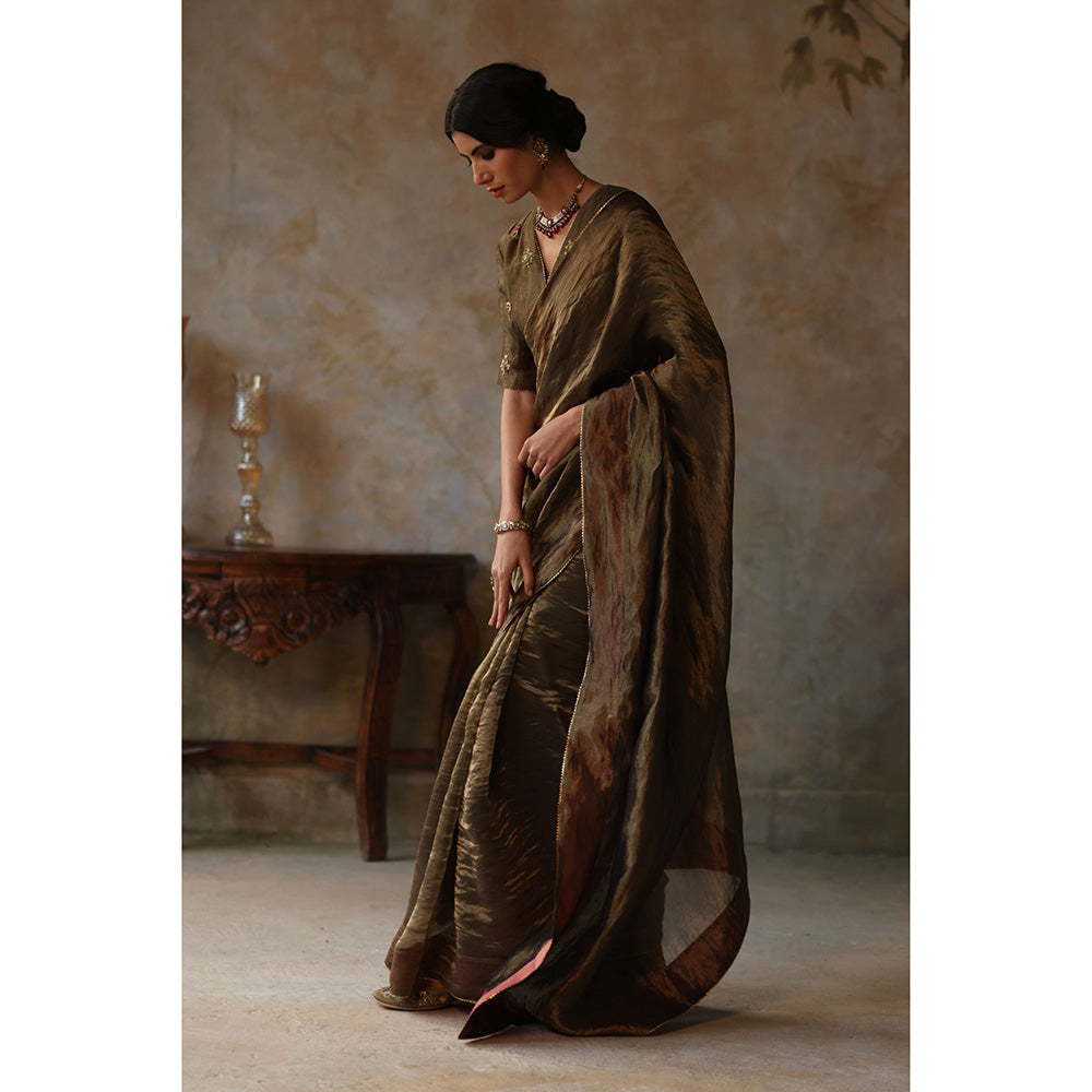 Begum Pret FARHANA Olive Green Embellished Saree with Stitched Blouse