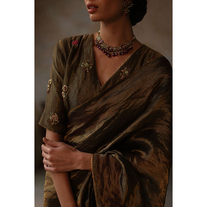Begum Pret FARHANA Olive Green Embellished Saree with Stitched Blouse