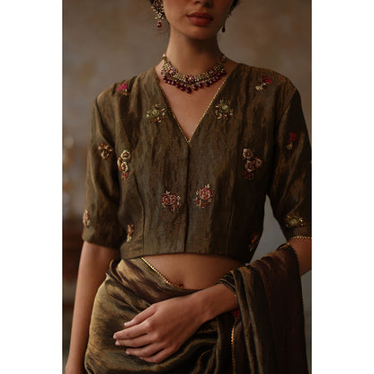 Begum Pret FARHANA Olive Green Embellished Saree with Stitched Blouse