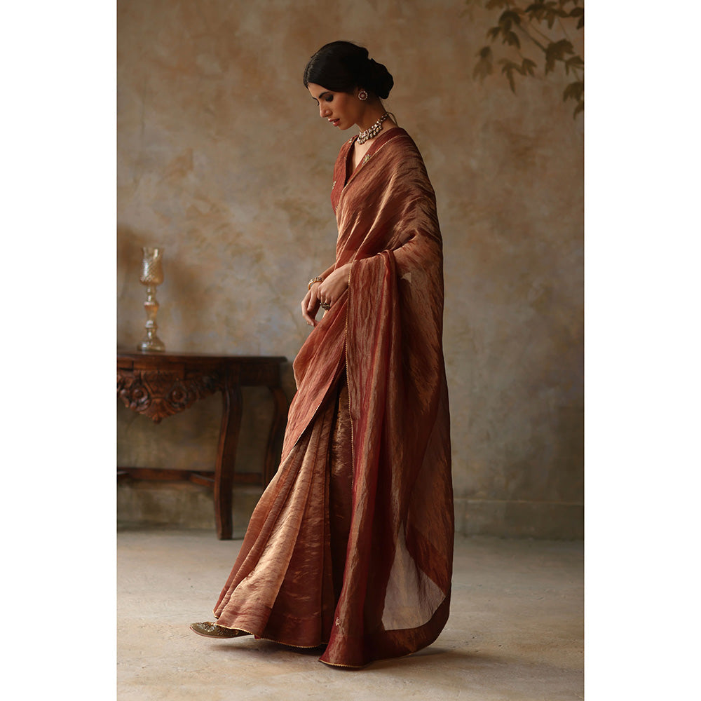 Begum Pret FARHANA Rust Embellished Saree with Stitched Blouse