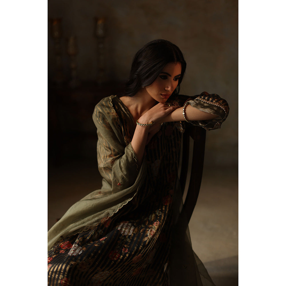 Begum Pret IKAI Black & Olive Floral Kurta with Pant & Dupatta (Set of 3)