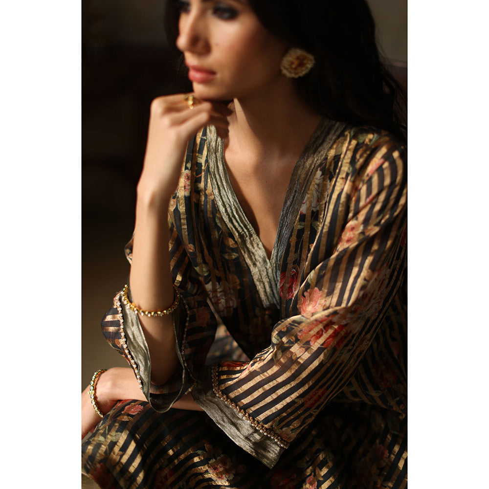 Begum Pret IKAI Black & Olive Floral Kurta with Pant & Dupatta (Set of 3)