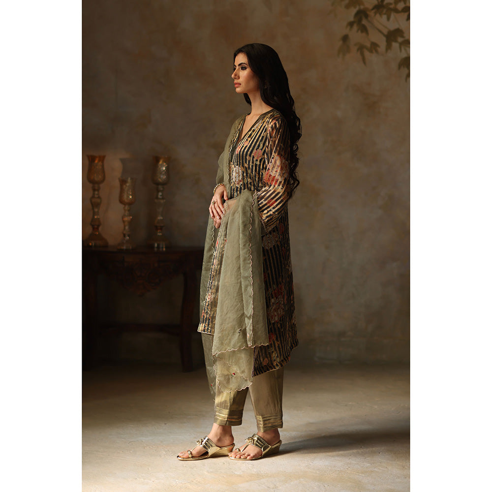 Begum Pret IKAI Black & Olive Floral Kurta with Pant & Dupatta (Set of 3)