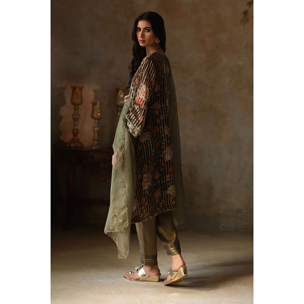 Begum Pret IKAI Black & Olive Floral Kurta with Pant & Dupatta (Set of 3)