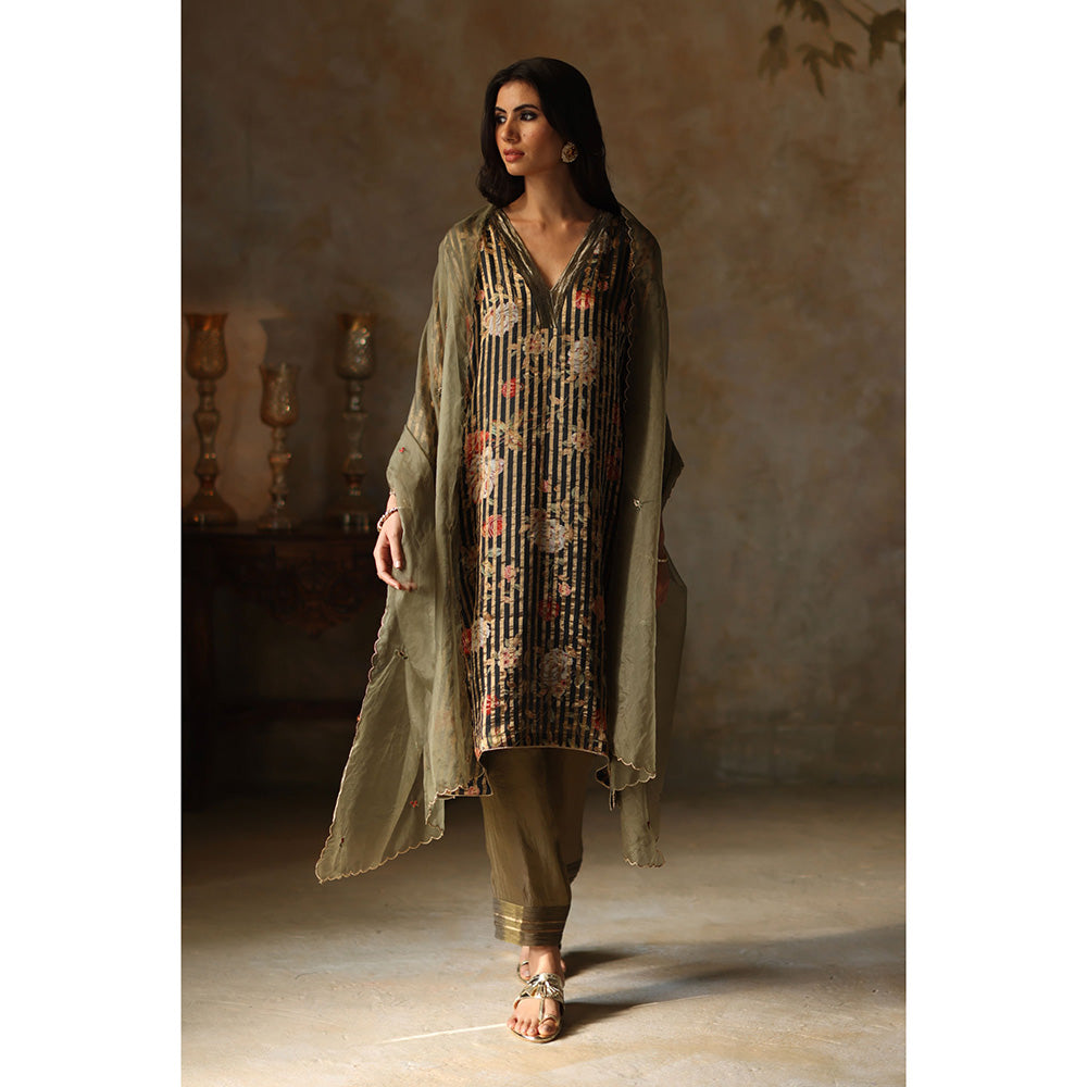 Begum Pret IKAI Black & Olive Floral Kurta with Pant & Dupatta (Set of 3)