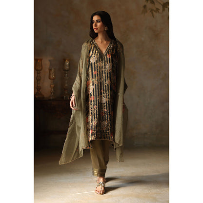 Begum Pret IKAI Black & Olive Floral Kurta with Pant & Dupatta (Set of 3)