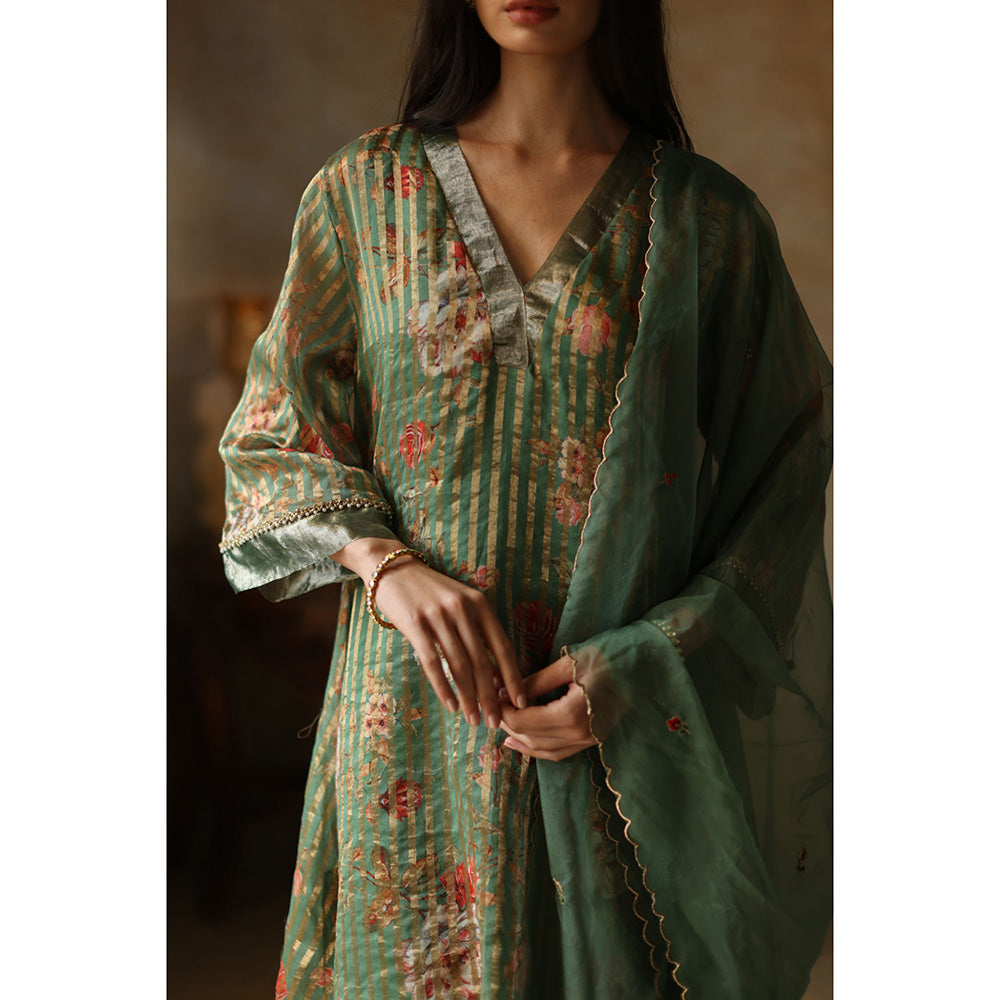 Begum Pret IKAI Sea Green Floral Kurta with Pant & Dupatta (Set of 3)